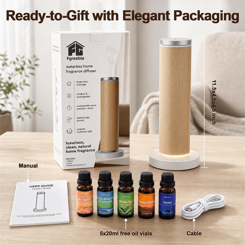 Waterless Essential Oil Diffuser, Wood Scent Diffuser with 5 Fragrance