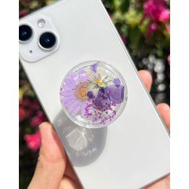 PetitePop Pressed Violet Flowers Mobile Phone Grip,Handmade Dried Flowers Clear Phone Stand, Expanding Cell Phone Charms Accessory, Interchangeable Kickstand, Collapsible Handle Holder for Kindle
