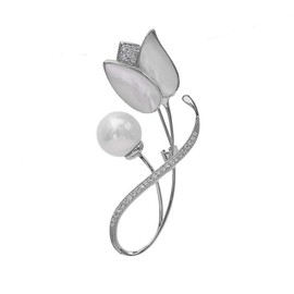 14K Gold Tulip Flower Brooch, Delicate Moissanite and Natural Freshwater Pearl Corsage,Perfect for Elegant Dressing(White)