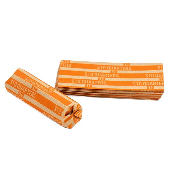 Quarter Coin Wrappers, 100 Orange Flat Striped Coin Wrappers