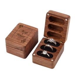 Always & Forever Ring Box 3 Slot for Wedding Ceremony Engagement Valentine's Day Birthday Ring Bearer Box Walnut Wooden Ring Box Engrave Wedding Ring Box- Black Lining