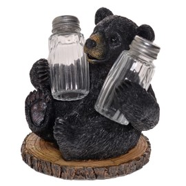 Black Bear Salt and Pepper Shakers - Sitting Blackbear in a Log Spices and Seasonings Set - Glass Salt and Pepper Shakers Home Decor Salt and Pepper Table Set
