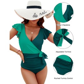 Blooming Jelly Women's Tummy Control Swimsuits Slimming One Piece Bathing Suit Cute Ruffle Wrap Swimwear Tie Side Swimming Suit (Light Green and Dark Green,Large)