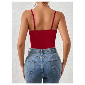 Milumia Women's Sexy Sheer Mesh Lace Bodysuit Spaghetti Strap Bustier Corset Tops Rave Party Club All Red X-Small