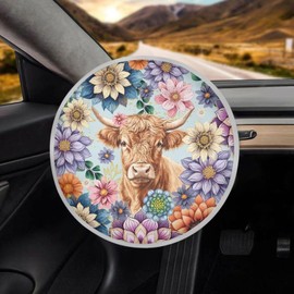 TSVAGA Boho Steering Wheel Sun Shade Cover Keep Cool in The Heat, Highland Cow Steering Wheel Sun Block Anti-Heat Aluminum Foil Steering Wheel Cover for SUV Truck Van Sedan