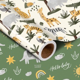 WRAPAHOLIC Jumbo Reversible Baby Shower Wrapping Paper Roll - 30 Inch x 33 Feet – Cute Animal Wrapping Paper for Kids Baby Boys Girls Birthday