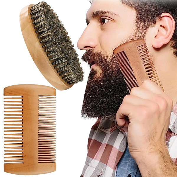 2PCS Portable Beard Brush Comb Set for Men Effectively removes Hidden Dirt Boar Bristle Beard Brush Keep Your Beard Neat for Beard Care Combing Beard Hair Removing Debris Massaging Face