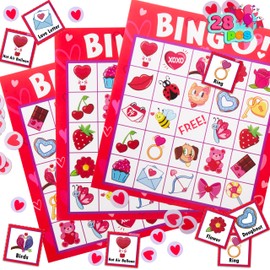 JOYIN Juego de bingo para el día de San Valentín, 28 jugadores, tarjetas de juego de bingo para juegos de cartas de fiesta para niños, juegos de aula escolar, suministros para fiesta de San Valentín,