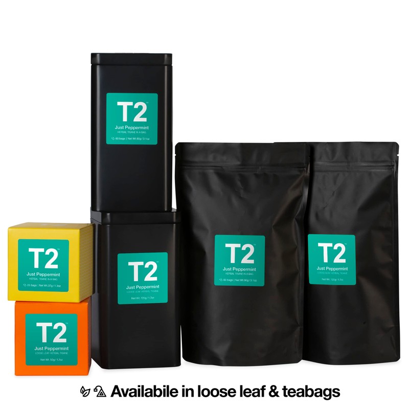T2 Tea Just Peppermint Herbal Tea Bags in Box, 25-Count