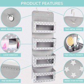 Vesta Baby Nursery Over Door Hanging Organizer with Metal Hooks | 4 Large Clear Window Pocket Storage for Kids Room, Bathroom, Closet | Gray Star Fabric Caddy for Diapers, Toys, Cosmetics, Clothes