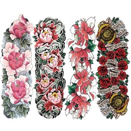 Oottati 4 Sheets Full Arm Extra large Sleeves Pink Red Flower Temporary Tattoo Stickers Body Art Lotus Rose Compass