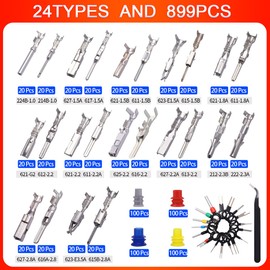 dakewang 24types 900pcs Automotive Pin Connectors Kit, 1/1.5/1.8/2.2/2.3/2.8/3.5mm Male&Female Wire Pins, Non Insulated Wire Terminal Pin Kit. (Crimp Tool)