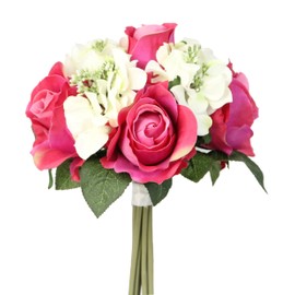 Admired By Nature 9 Stems Artificial Rose Hydrangea Mixed Bouquet, Fuchsia/Cream