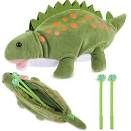 Chivertion 3 Pcs Green Dinosaur Pencil Pouch for Kids 3D Plush Animal Pencil Case with 2 Fun Pencils & 1 Soft Stationery Bag Ideal Easter Gift for Boys and Girls, Back to School Supplies