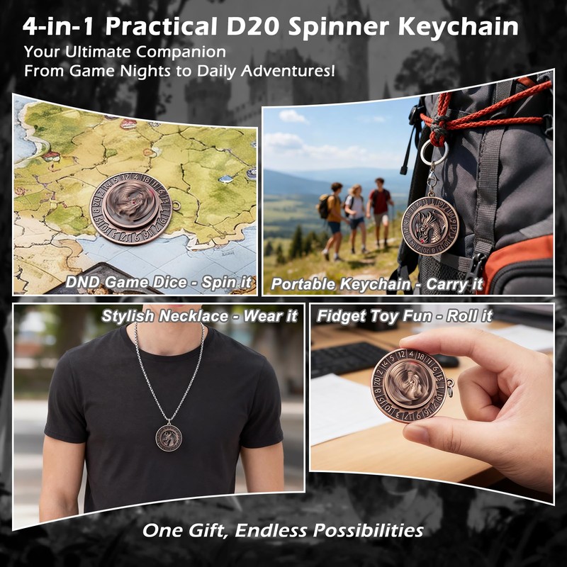 Haxtec D20 Spinner Dice with Keychain & Necklace Gifts for