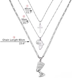 Set Necklace Together Ankh Africa Map Nefertiti Necklace for Women and Men, 3pcs Nefertiti Pharaoh Pendant Jewelry Queen Nefertiti Jewelry Egyptian Pendant Necklaces Gold Color (Silver 1)
