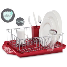 Farberware Classic Large Rust Resistant Full Dishrack with Removable 3 Compartment Flatware Caddy, Andlged Drain Board, 3-Piece, Red