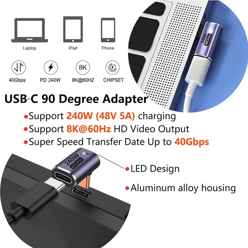 ZIXINZIYI Adapter USB C, Right Angle Adapter Type C with