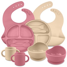 TQONEP Silicone Baby Feeding Set,Baby Led Weaning Supplies Suction Divided Plates Adjustable Silicone Toddler Soft Bowl Spoons Forks Silicone Toddler Cup BPA Free（Pink & White 12 PACK）