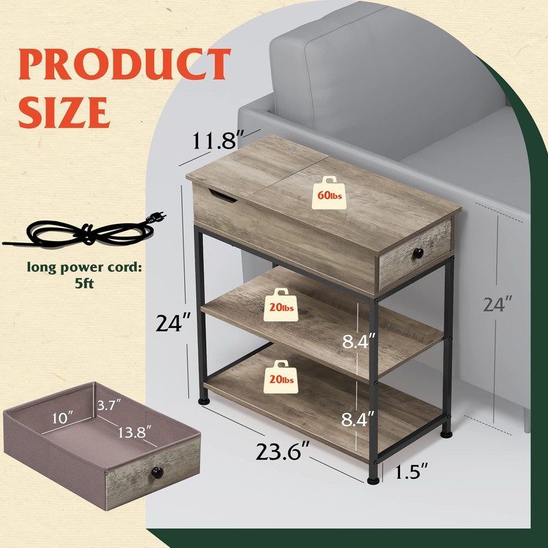 WLIVE Narrow Side Table with 2 USB Ports and 2