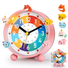 PIXESTT Children's Alarm Clock, Children's Alarm Clock for Back to School, No Ticking Noise, with Night Light and Snooze Function, with 5 Alarm Clock Decoration, Suitable for Learning, Sleep Wake Up A