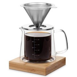 Brew To A Tea BTaT - Pour Over Coffee Maker Set, Double Wall Glass, 16 oz, Permanent Filter, Coffee Pour Over, Manual Dripper