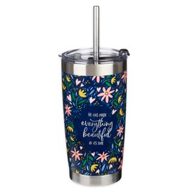Christian Art Gifts Stainless Steel Double-Wall Vacuum Insulated Tumbler w/Straw & Lid 18 oz Navy Floral Inspirational Bible Verse Travel Mug for Women - Everything Beautiful - Ecc. 3:11