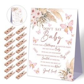 Don't Say Baby Baby Shower Game,Boho Pampas Butterfly Baby Shower Decoration,Rustic Baby Shower Decorations,Neutral Baby Shower Decoration,Baby Shower Game Ideas,1 Sign & 50 Mini Clothespins Set-B19