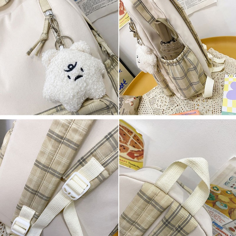 Cute Plaid Backpack with Plush Pendant Lightweight Large Capacity Student