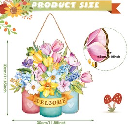 Spring Door Decor Flower Welcome Door Sign Spring Door Hanger for Front Door Rustic Flower Wall Pediments for Spring Easter Party Outdoor Indoor Front Door Decor(Spring)