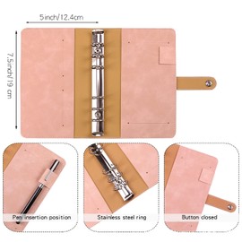 A6 Budget Binder PU Leather Money Ring Binder Set Notebook 6 Ring Budget Planner with 12 Clear Cash Pockets 16 Label Stickers Budgets Sheets for Money Saving Wallet Cash Organizer Travel Diary - Pink