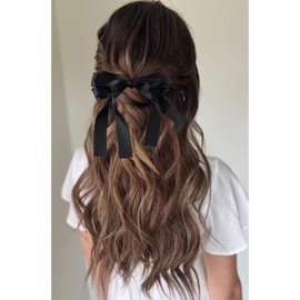 Inateannal Bow Hair Ribbons for Women Large Satin Bow Hair Barrettes Silky Satin Hair Bow Clips Black Bowknot Hair Clip Long Tail Bow Hair Accessories French Hair Ribbon Barrettes Headpieces