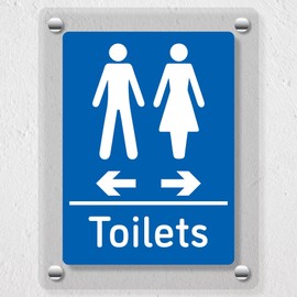 V Safety Toilets - Men Left/Women Right Arrows Blue Acrylic Sign 200x300mm - Durable, Shatterproof Directional Signage