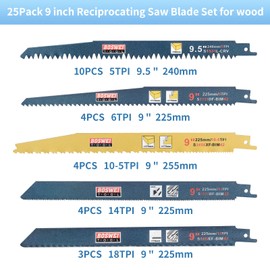 9 Inch Reciprocating Saw Blade, 25 Pcs Bi-Metal Reciprocating Saw Blade Set, 18TPI/14TPI/10TPI/6TPI/5TPI Cobalt Teeth Sawzall Blades for Cutting Embedded Wood Metals PVC Pallets etc