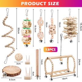 Parrot Toy, 13 Pieces, Natural Wood Budgie Toy, Swing Perches, Bird Grinding Claws, Climbing, Standing, Bird Toy, Bird Cage Accessories for Canary, Cockatiel