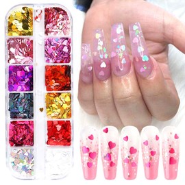 Heart Nail Art Stickers Glitter Decal Heart Nail Charms Valentines Nail Decals CHANGAR Love Nail Glitter Sequins Valentine Heart Acrylic Nails Design Heart Glitter for Nail Art
