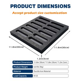 Cast Iron Drain Grate, 12 * 12in Outdoor Drain Cover, B125 Class Ductile Iron Channel Drainage Grates, Heavy Duty Sewer Grate,Black Square Drain Grate for Yard,Driveway,Concrete Floor.