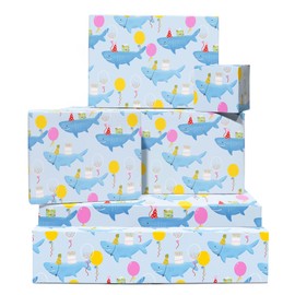 Shark Wrapping Paper For Children - Blue Wrapping Paper - 6 Sheets Of Birthday Gift Wrap For Women - Presents And Balloons - Comes With Stickers - Recyclable - By Central 23
