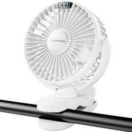 SWEETFULL Portable Clip on Fan - Battery Operated Stroller Fan, 4000mAh Small Rechargeable Fan with LED Display, 4 Speeds, Mini Personal Cooling Desk Fan for Golf Cart Travel Camping Gym - White