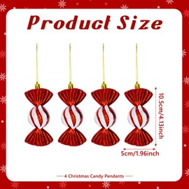 Christmas Candy Ornaments, 4pcs Christmas Tree Candy Hanging Decorations Glitter Candy Cane Ornament with Golden Ropes Sweet Baubles Hanging Pendant for Xmas Party Home Decor A7XYTG