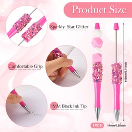 Beadthoven 8pcs Glittery Beadable Pens Cute Fancy Pens DIY Sparkly Bead Pens Star Sequin Shaft Black Ink Ballpoint Pens for DIY Pen Decoration School Office Supplies Gifts Flamingo Hot Pink