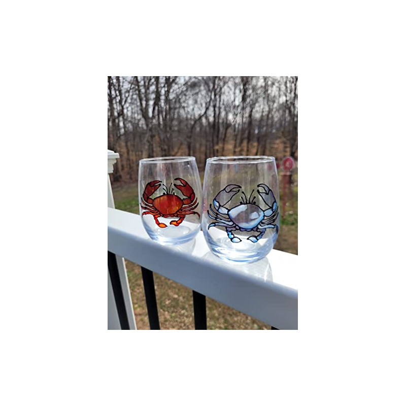 Blue and Red Crab Hand Painted Stemless Wine Glasses Set