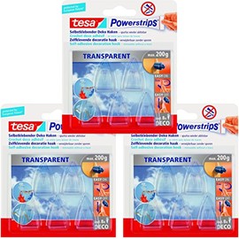 tesa Powerstrips Deco-Haken, transparent, für max. 200g, 3 Packungen mit gesamt 15 Haken