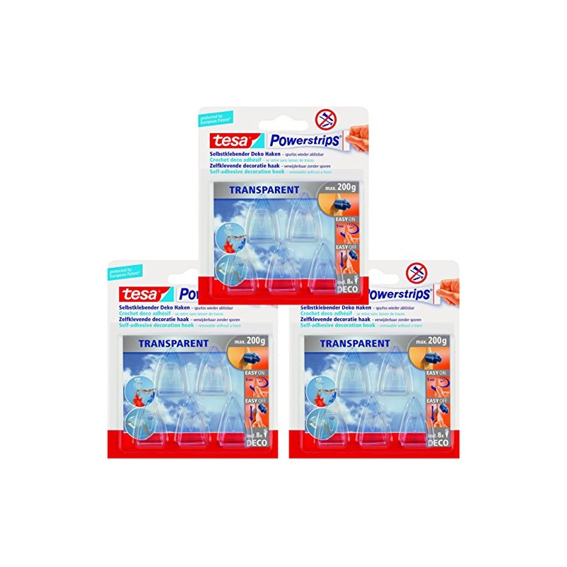 tesa Powerstrips Deco-Haken, transparent, für max. 200g, 3 Packungen mit