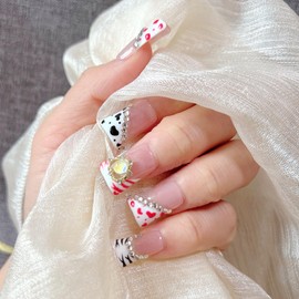 NAIL ANGEL Handmade Press-On Nails, Duck Bill Shape, Set of 10 False Nails, French Design (ZJ23, S)