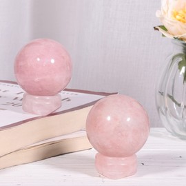 mookaitedecor Natural Rose Quartz Crystal Ball Sphere with Stone Stand, Polished Carved Stone Figurine for Office Desk Top Home Decor Feng Shui, Sphere Diameter 1.5”