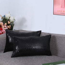 Eternal Beauty Set of 2 Sequin Decorative Pillow Cover Black Lumbar Pillow Covers for Couch Bed Lumbar Pillows 12 X 20 Inches