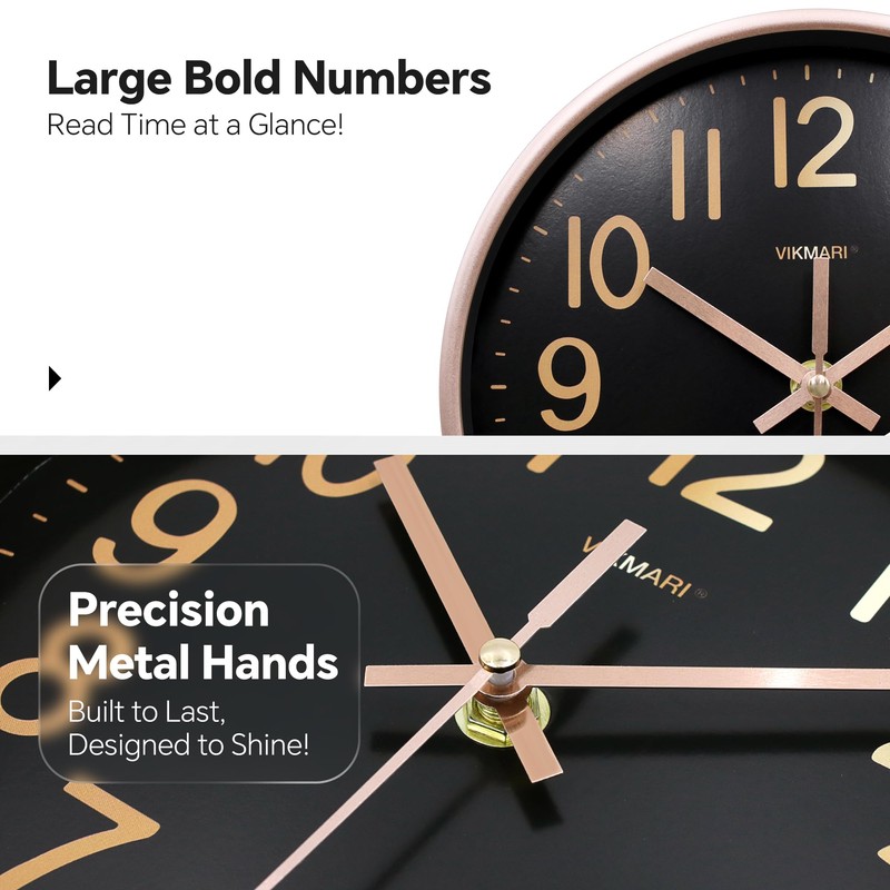 VIKMARI 10 Inch Wall Clock, Silent Black & Gold Easy