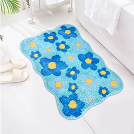 Floral Color Bathroom Rugs, 20"x32" Cute Flower Shaped Bath Mat, Non-Slip Extra Soft and Absorbent Carpet Rug for Floor Tub Shower, Machine Washable, Thick Microfiber Plush Bathmat (Blue)