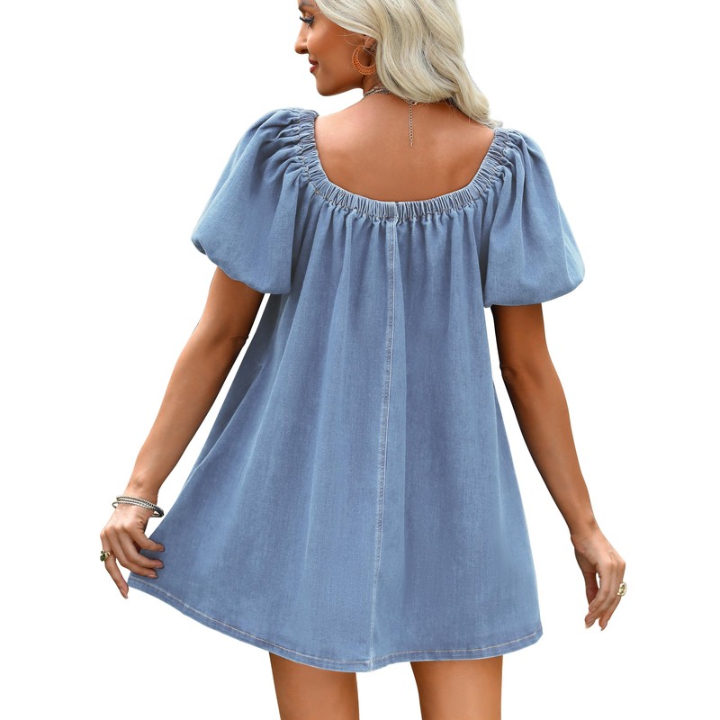 Denim Dress for Women, Puff Short Sleeve Jean Dress Square